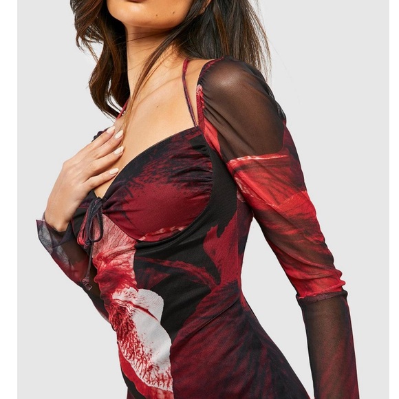 Abstract Floral Print Mesh Midi Dress BOOHOO - Picture 2 of 4